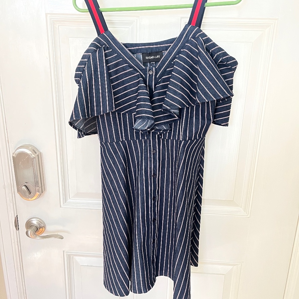 Women’s off the shoulder dress blue with red and white stripes